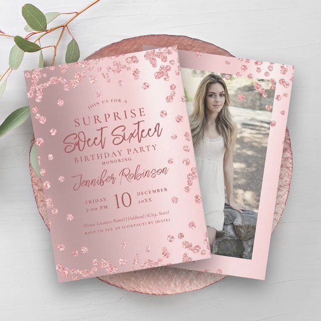 Rose Gold Glitzer Foto ÜBERRASCHUNG Süß 16 Einladung (Rose Gold Glitter Photo SURPRISE Sweet 16 Invitation)
