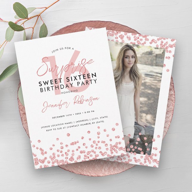 Rose Gold Glitzer Foto Überraschung Sweet 16 Einladung (Rose Gold Glitter Photo Surprise Sweet 16 Invitation)
