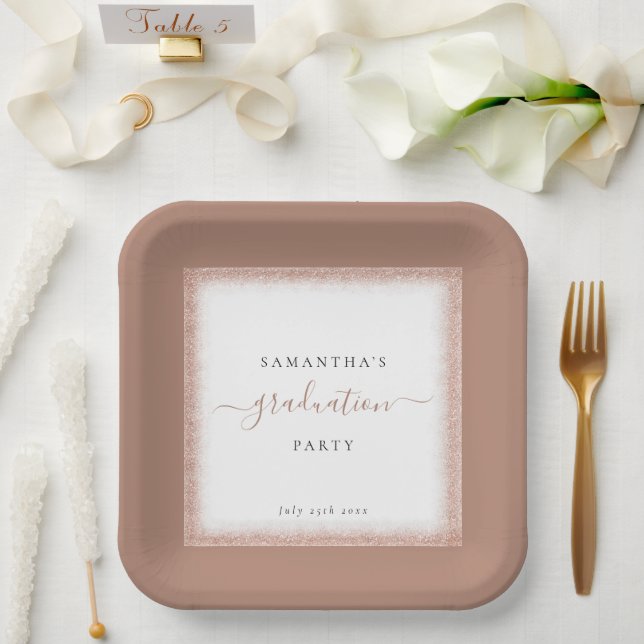 Rose Gold Glitzer Frame Name Datum Graduierungspar Pappteller (Hochzeit)