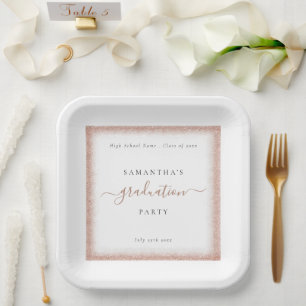 Rose Gold Glitzer Frame Name Datum Weiß Grad Party Pappteller