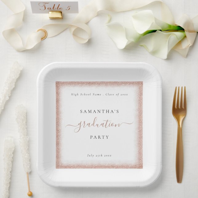 Rose Gold Glitzer Frame Name Datum Weiß Grad Party Pappteller (Hochzeit)