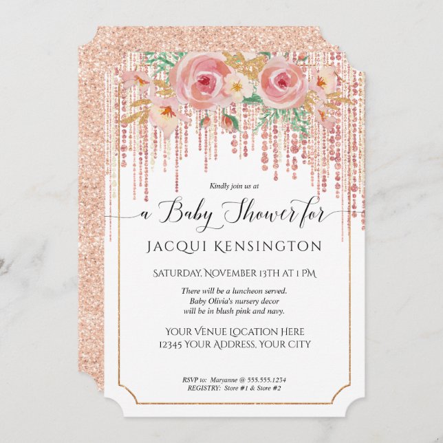 Rose Gold Glitzer Fringe Rosa Blütendusche Einladung (Vorne/Hinten)