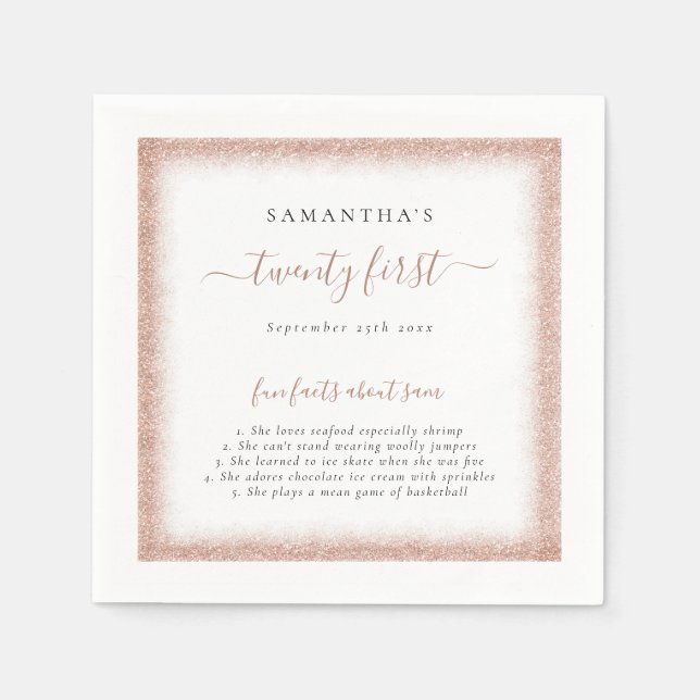 Rose Gold Glitzer Fun Fakten Name Datum 21. Party Serviette (Vorderseite)
