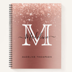 Rose Gold Glitzer gebürstetes Metallrosa Monogramm Notizbuch