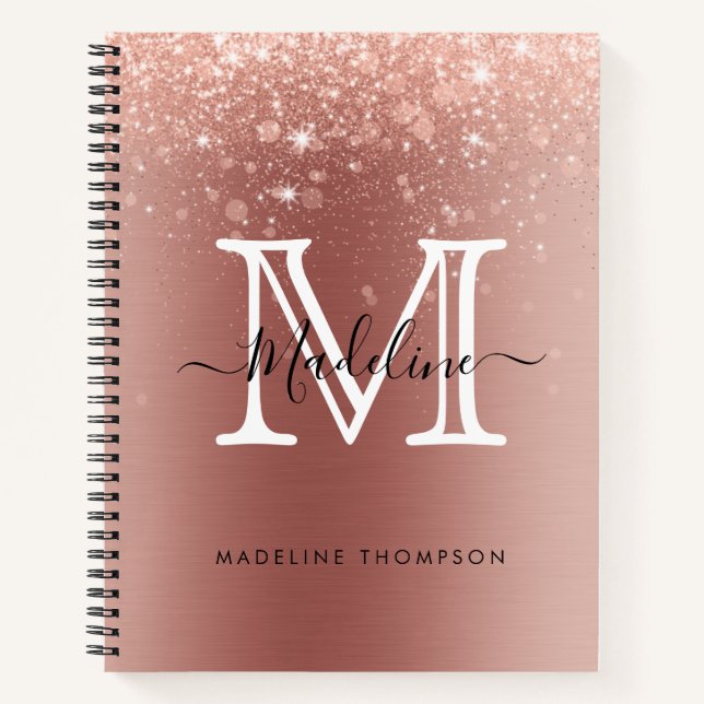 Rose Gold Glitzer gebürstetes Metallrosa Monogramm Notizbuch (Vorderseite)