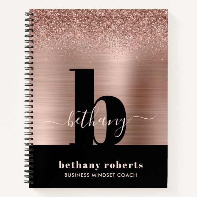 Rose Gold Glitzer gebürstetes Schwarz-Monogramm Notizbuch (Vorderseite)