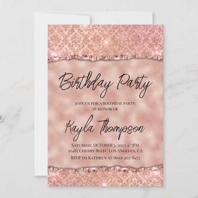 Rose Gold Glitzer Geburtstagsparty Einladung (Vorderseite)
