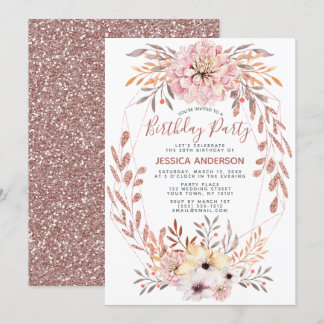Rose Gold Glitzer Geometric Bouquet Geburtstagspar Einladung
