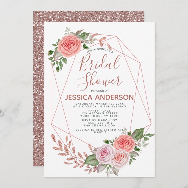 Rose Gold Glitzer Geometrisches Brautparty Einladung (Vorne/Hinten)
