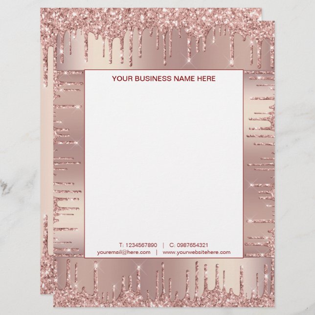 Rose Gold Glitzer Geschäftsbriefvorlage Briefbogen (Vorne/Hinten)