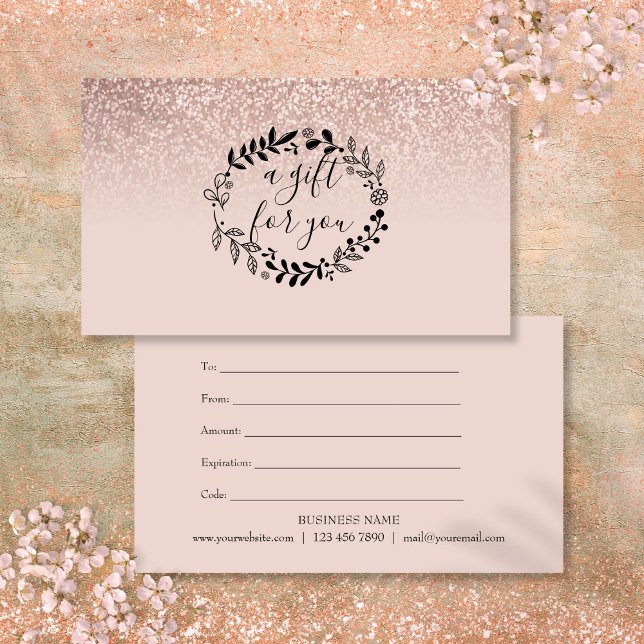 Rose Gold Glitzer Geschenkgutschein Mitteilungskarte (Rose Gold Glitter Business Gift Certificate Note Card)