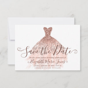 Rose Gold Glitzer Girly Dress Sweet 16 Geburtstag Save The Date