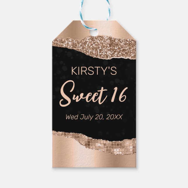 Rose Gold Glitzer Glam Edge & Diamonds Sweet 16 Geschenkanhänger (Vorderseite)