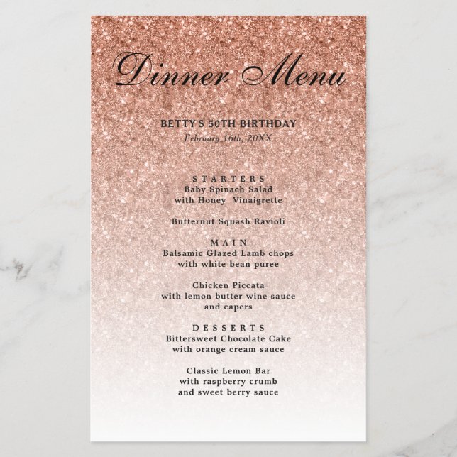 Rose Gold Glitzer Glam Party Paper Menü (Vorne)