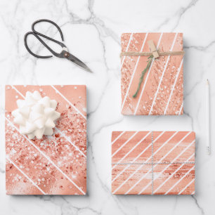 Rose Gold Glitzer Glam Weißes Muster Geschenkpapier Set