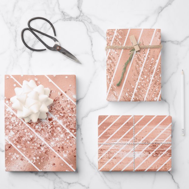 Rose Gold Glitzer Glam Weißes Muster Geschenkpapier Set (Vorderseite)