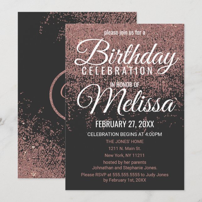 Rose Gold Glitzer Glitzern Black Birthday Party Einladung (Vorne/Hinten)