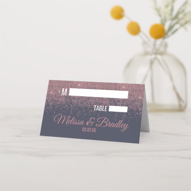 Rose Gold Glitzer Glitzern Navy Blue Platzkarten (Vorderseite)