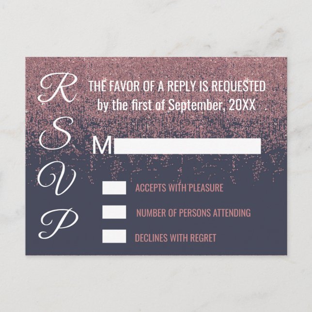 Rose Gold Glitzer Glitzern Navy Blue RSVPs Einladungspostkarte (Vorderseite)
