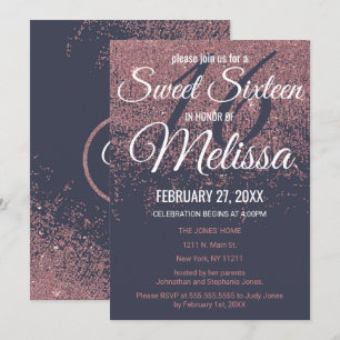 Rose Gold Glitzer Glitzern Navy Blue Sweet 16 Einladung
