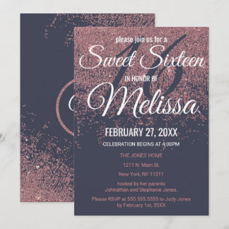 Rose Gold Glitzer Glitzern Navy Blue Sweet 16 Einladung