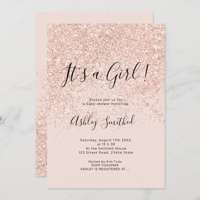 Rose Gold Glitzer Glitzern Rosa Mädchendusche Einladung (Vorne/Hinten)
