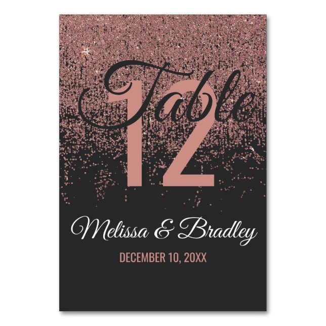 Rose Gold Glitzer Glitzern Schwarze Tischnummern (Vorderseite)