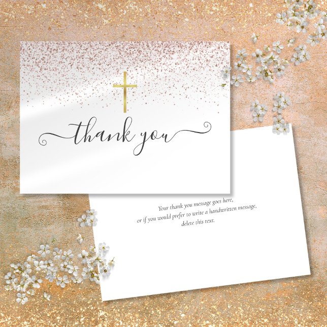 Rose Gold Glitzer Gold Crucifix-Skript Dankeskarte (Rose Gold Glitter Gold Crucifix Script Thank You Card)