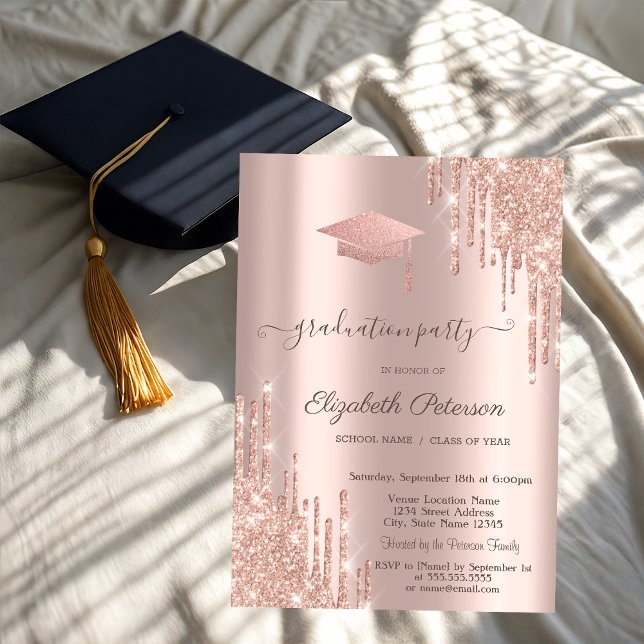 Rose Gold Glitzer Grad Cap Tropfen Einladung (Von Creator hochgeladen)