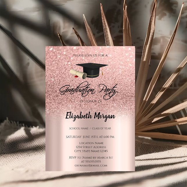 Rose Gold Glitzer Graduation Cap Abschluss Invit Einladung (Von Creator hochgeladen)