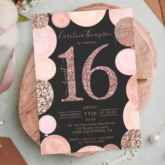 Rose Gold Glitzer Grauballon Sweet 16 Foto Einladung