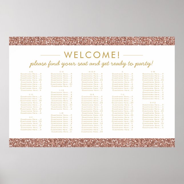 Rose Gold Glitzer Große Alphabetische Sitzkarte Poster (Vorne)