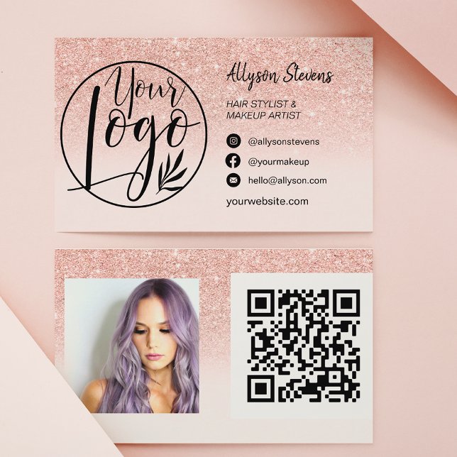 Rose Gold Glitzer Haarschminke Foto Logo qr Visitenkarte (Von Creator hochgeladen)