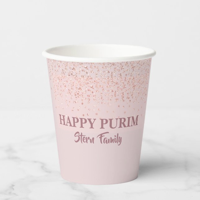 Rose Gold Glitzer Happy Purim Pappbecher (Vorderseite)