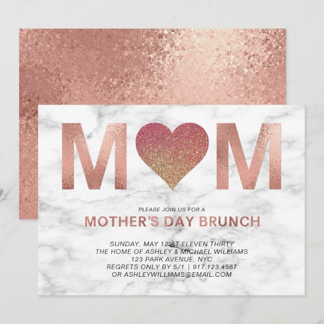 Rose Gold Glitzer Heart Mother's Day Brunch Einladung (Vorne/Hinten)