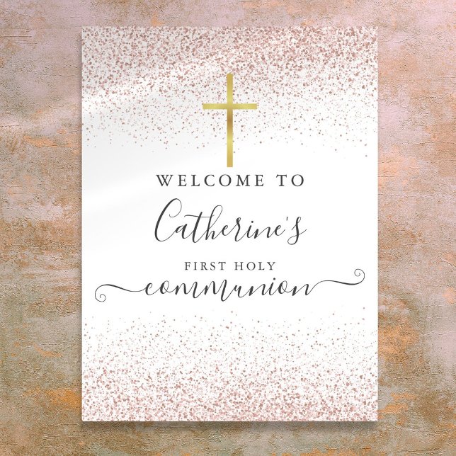 Rose Gold Glitzer Heilige Kommune Begrüßungszeiche Poster (Rose Gold Glitter Holy Communion Welcome Sign)