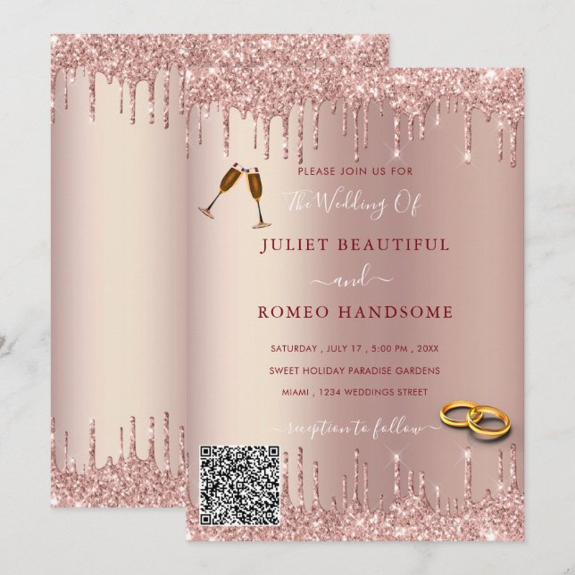 Rose Gold Glitzer Ihr QR Code Einladung Hochzeit (Vorne/Hinten)