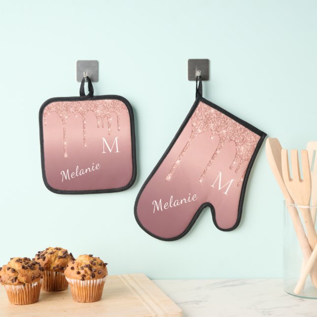 Rose Gold Glitzer Individuelle Name Letter Persona Ofenhandschuh & Topflappen-Set (Insitu (Hängend))