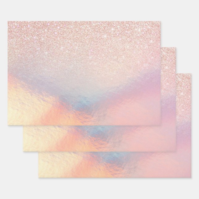 Rose Gold Glitzer Iridescent Holographic Gradient Geschenkpapier Set (Set)