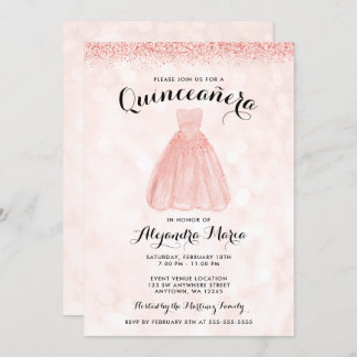 Rose Gold Glitzer Kleid Quinceanera Einladungen
