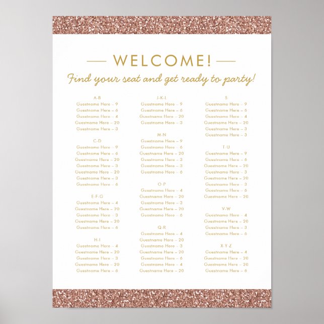 Rose Gold Glitzer Kleine alphabetische Sitzkarte Poster (Vorne)