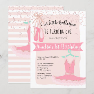 Rose Gold Glitzer Konfetti Ballerina 1. Geburtstag Einladung