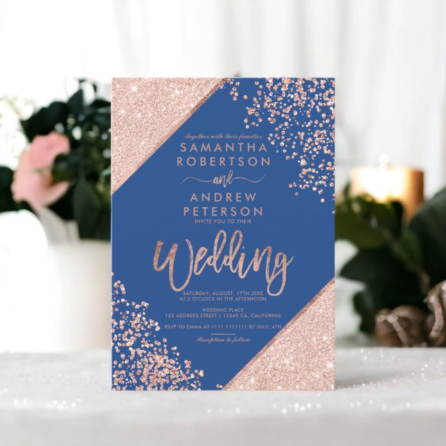 Rose Gold Glitzer Konfetti Blauer Hochzeit Einladung (Rose gold glitter confetti chic blue wedding invitation)