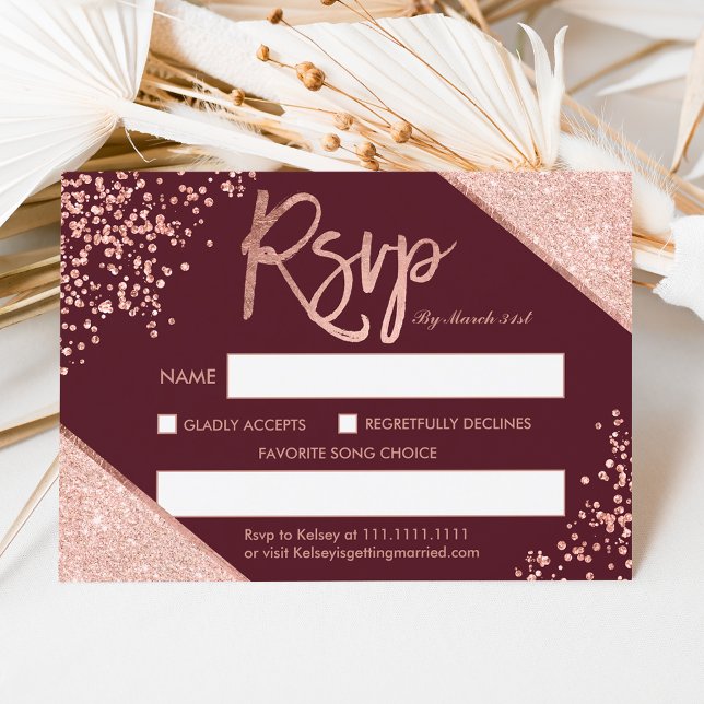 Rose Gold Glitzer Konfetti Bordeaux uAwg Hochzeit RSVP Karte (Von Creator hochgeladen)