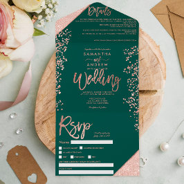 Rose Gold Glitzer Konfetti Grün Chic Hochzeit All In One Einladung