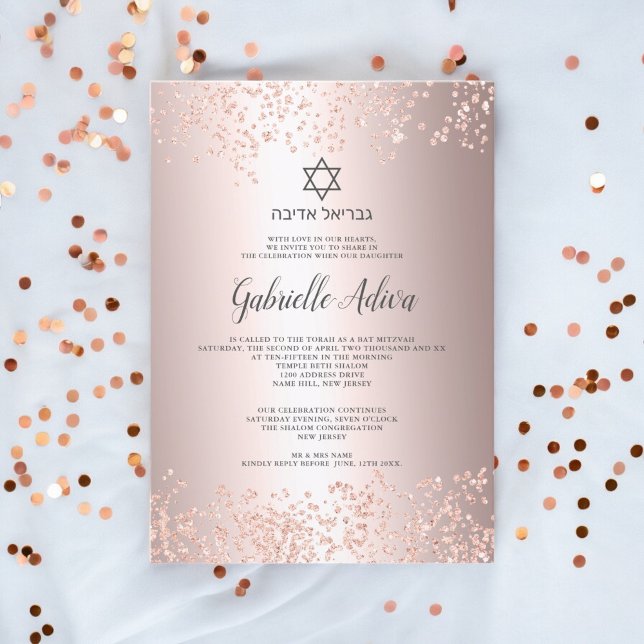 Rose Gold Glitzer Konfetti hebrew Name Bat Mitzvah Einladung (Rose gold glitter confetti hebrew name Bat Mitzvah Invitation)