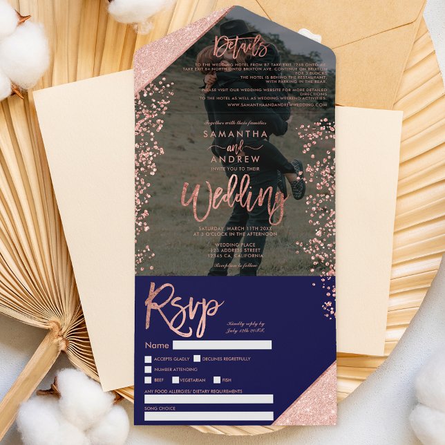 Rose Gold Glitzer Konfetti Marine Foto Hochzeit All In One Einladung (Von Creator hochgeladen)