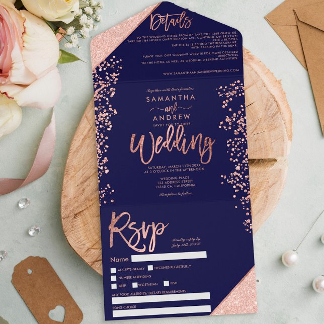Rose Gold Glitzer Konfetti Marine schicke Hochzeit All In One Einladung (Von Creator hochgeladen)
