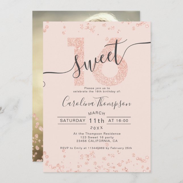 Rose Gold Glitzer Konfetti Rose Sweet 16 Foto Einladung (Vorne/Hinten)