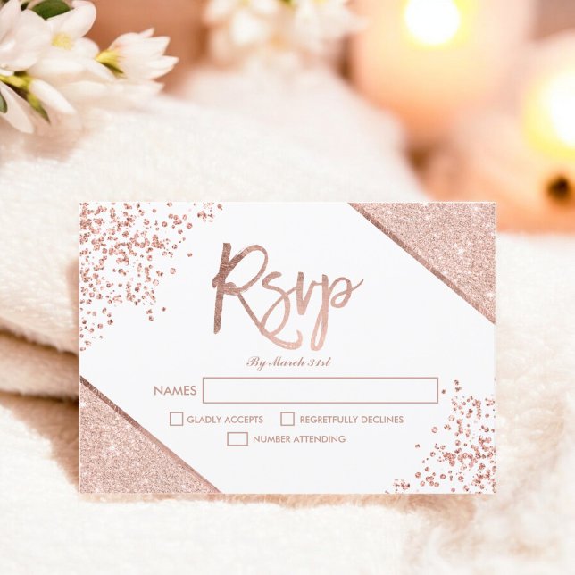 Rose Gold Glitzer Konfetti uAwg Hochzeit RSVP Karte (Rose gold glitter confetti white rsvp wedding)